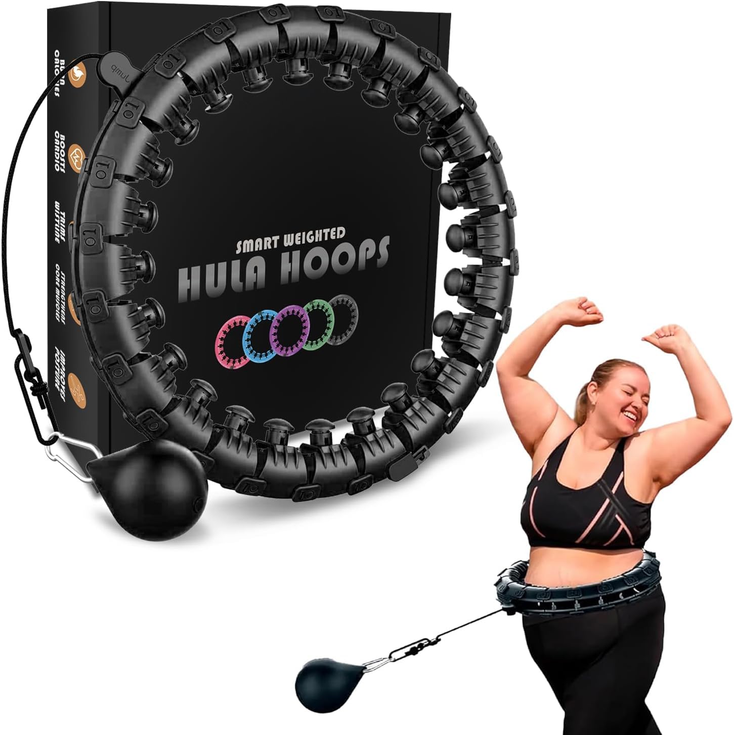Active 100 Smart Hula Ring Hoops, Weighted Hula Circle 24 Detachable Fitness Ring with 360 Degree Auto-Spinning Ball Gymnastics, Massage, Adult Fitness for Weight Loss (Charcoal Black)