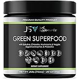 JS JUST SUPPLEMENTS Greens Superfood with Spirulina, Chlorella, Mushrooms & Veggies, Digestive Enzymes & Probiotics