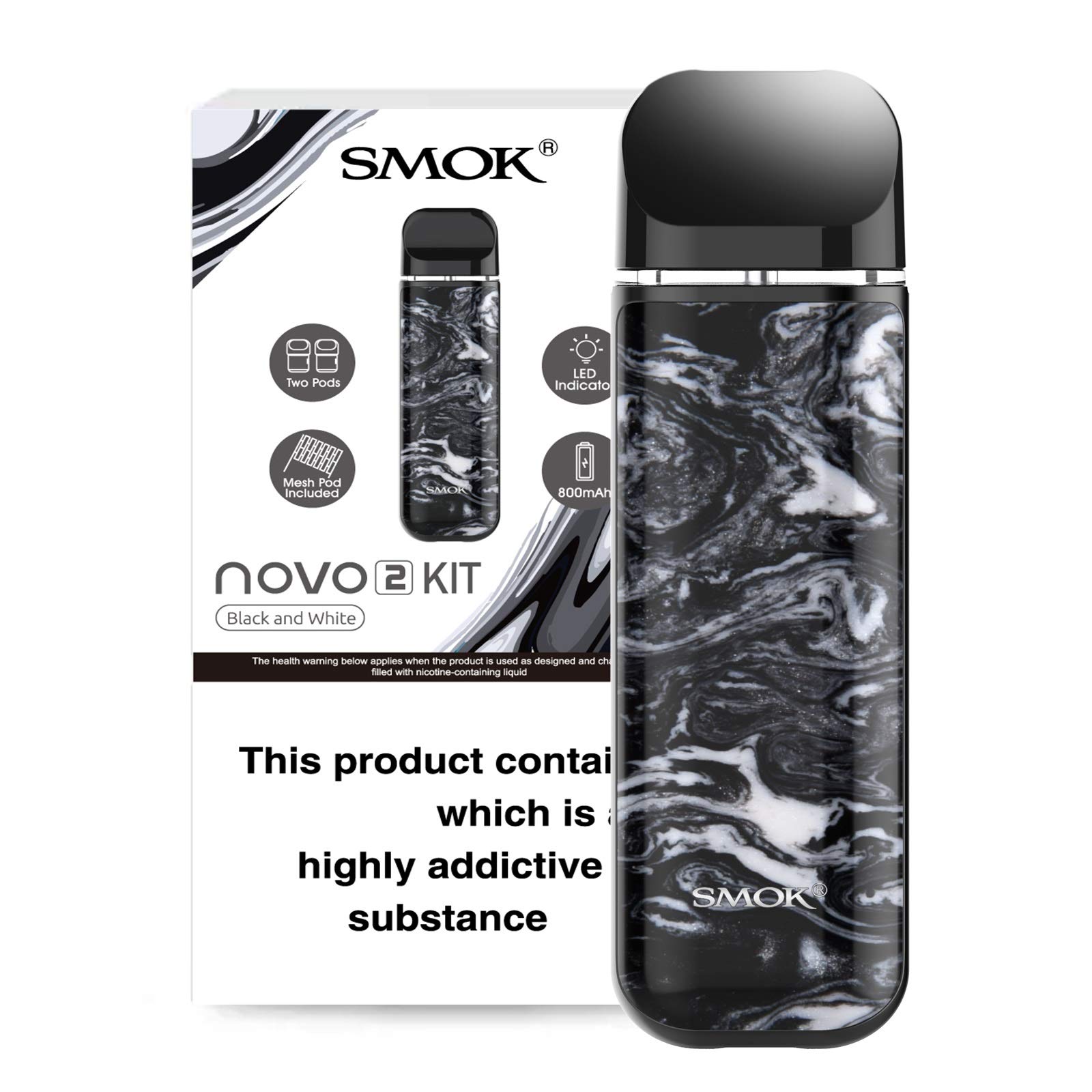 SMOK NOVO 2 Pod Vape Kit [Black White Resin] 800mAh Integrated Battery MTL Inhale Activated UK Compliant 2ml Capacity No Nicotine