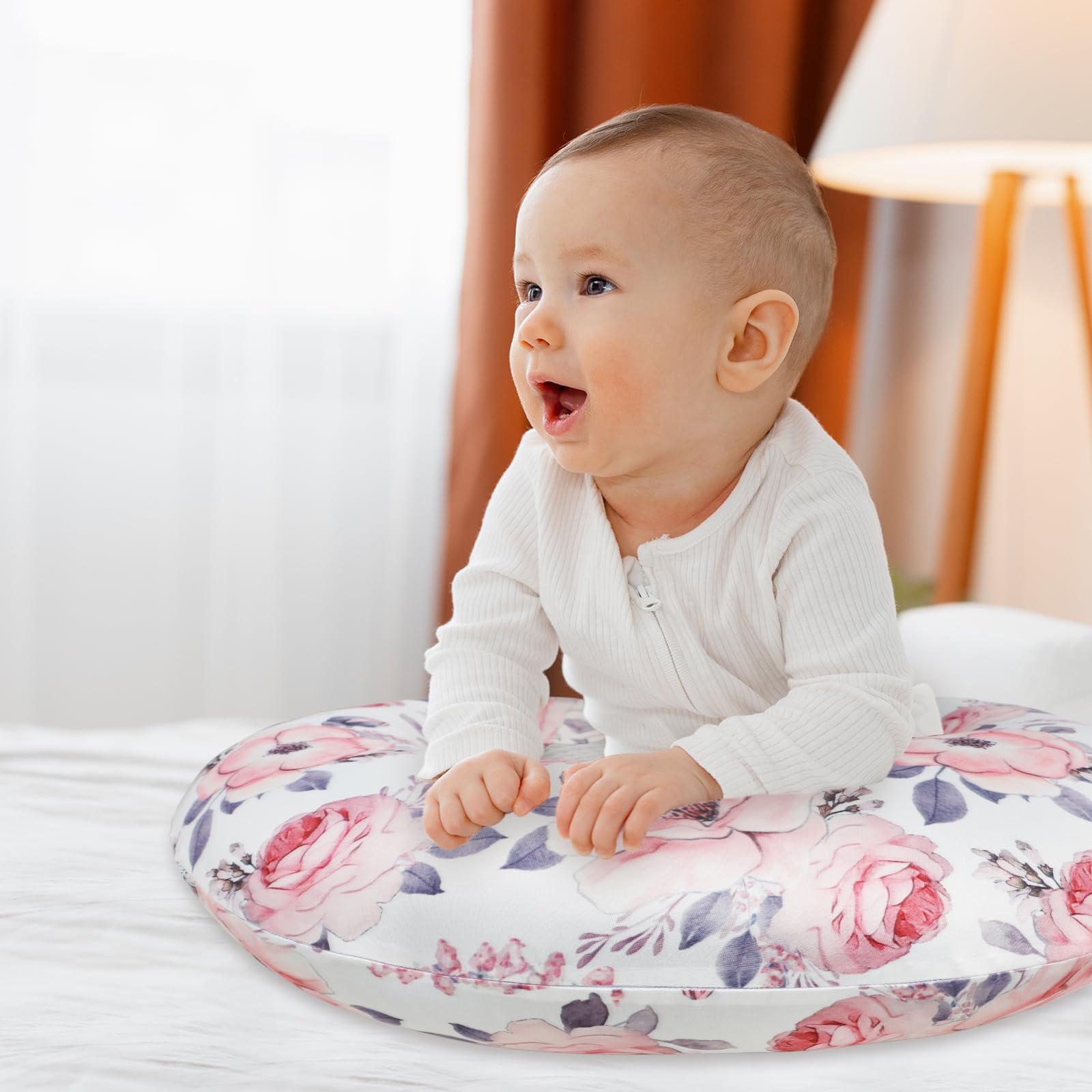 Nursing Pillow Cover Girls, Crescent-Shaped Breastfeeding Pillow Cover, Snug Fits Newborn Nursing Pillow Case, Removable, Super Soft Breathable, Pink Flower