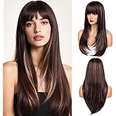 YUCCAHA Wig with Bangs for Women Highlight Long Straight Layered Glueless Synthetic Wig Natural Looking for Daily Party Use(Brown Blonde Highlights, 26 Inch)