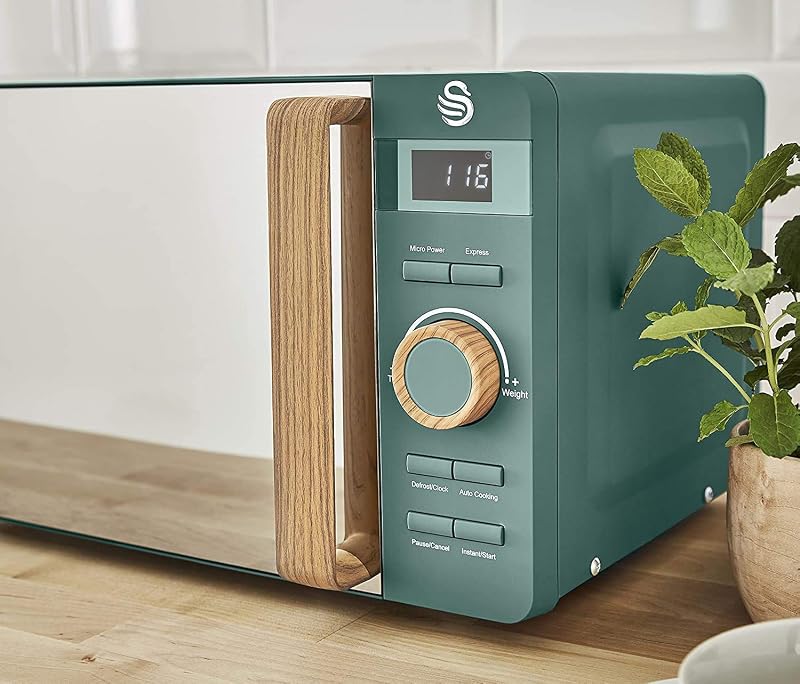 Nordic Microondas digital 20L, 6 niveles funcionamiento, 800W potencia, temporizador 30 min, fácil limpieza, modo descongelar, diseño moderno, tirador efecto madera, verde mate — foto 3 de 5