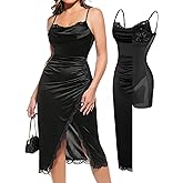 Popilush Shapewear Corset Dress Women's Satin Ruched Midi Dress Cocktail Date Night Classy Dresses with Lace Trim Bra