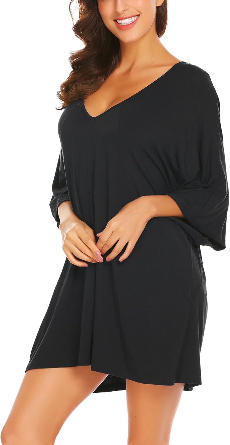 Ekouaer Womens Sleepshirt Sexy Nightshirt Batwing Sleepwear V Neck Loungewear Short Sleeve Nightwear Plus Size at  Women’s Clothing store