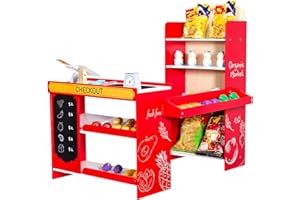 VEVOR Kids Pretend Play Grocery Store, Wooden Supermarket Toy Set with Shopping Bag, Conveyor Belt, Scanner, Cash Register, Realistic Scale, Gift for Boys & Girls