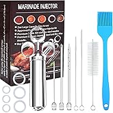 PEOUWNES 304-Stainless Steel Meat Injector Syringe Kit with 3 Marinade Needles for BBQ Grill Smoker, Turkey, Beef, Fish,Brisket, 2-oz Large Capacity, Silicone Brush and Cleaning Brush