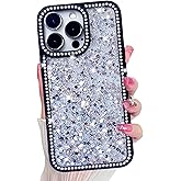 for iPhone 15 Pro Case, Sparkly Crystal Diamonds Rhinestone Border with Shiny Glitter Sequins Phone Cover for Women Girls, Transparent TPU Bling Slim Protective Case for iPhone 15 Pro