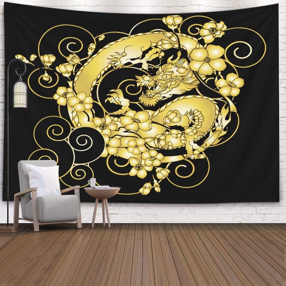 Asdecmoly Wall Tapestry, Xmas Décor Tapestry for Men Xmas Tapestry 60 Lx50 W Inches Dorm Wall Décor Gold Japanese Dragon Tattoo with Cherry Flower and Peach Flower Tattoo.Illu Tapestry Wall Hanging