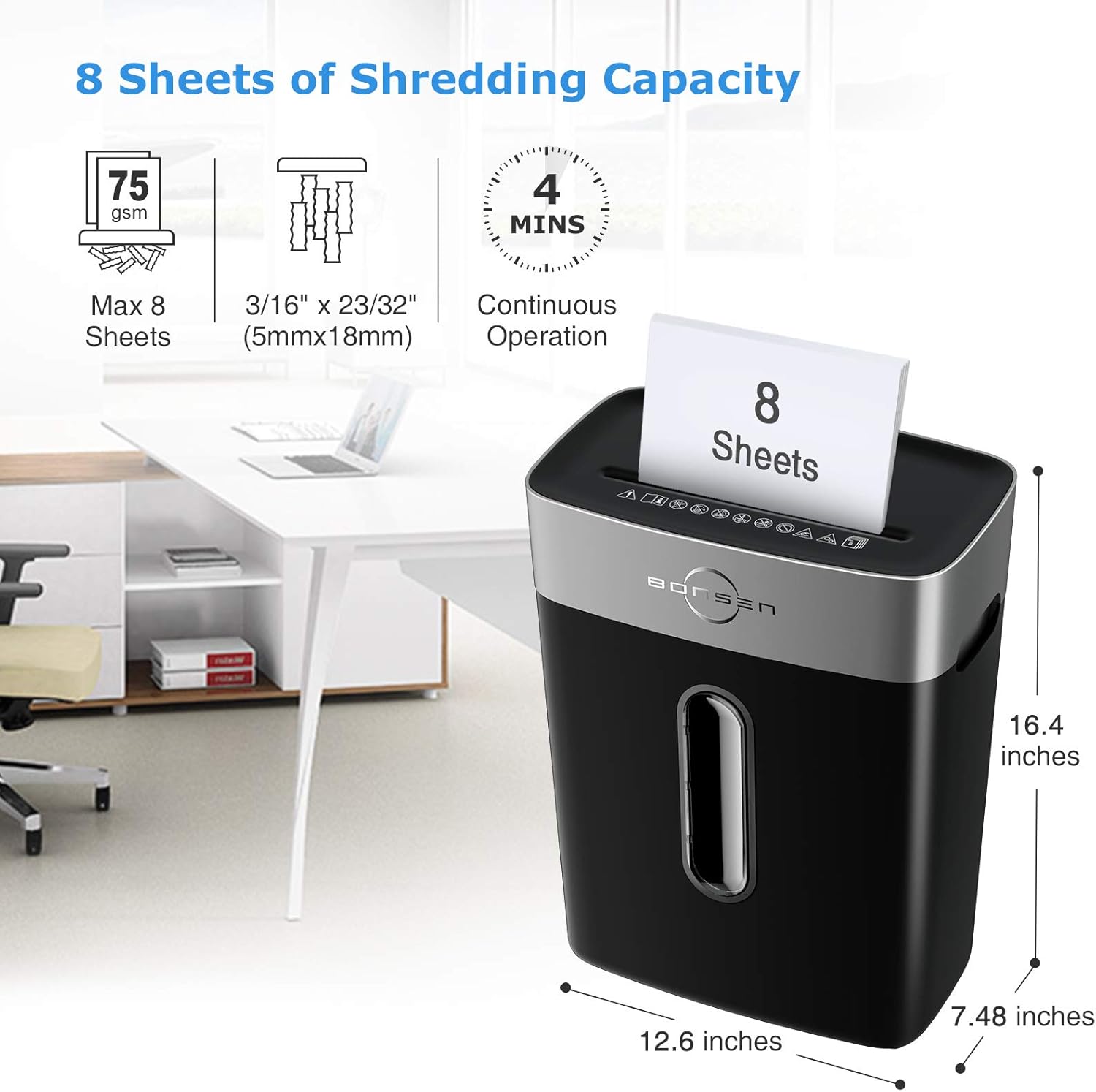BONSEN Paper Shredder, 8-Sheets Cross Cut Paper Staples and Credit Card, High Security Level P-4 Shredder for Office Home Use with 3.96 Gallons Wastebasket, Black : Electronics