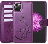 WaterFoxiPhone 11 Pro Max Wallet Case with 4 Card Holder for Women, Detachable Cover Flip Folio PU Leather Wrist Strap Removable Magnetic Kickstand with Floral Flower Design for Girls - Purple