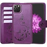 WaterFoxiPhone 11 Pro Max Wallet Case with 4 Card Holder for Women, Detachable Cover Flip Folio PU Leather Wrist Strap Removable Magnetic Kickstand with Floral Flower Design for Girls - Purple