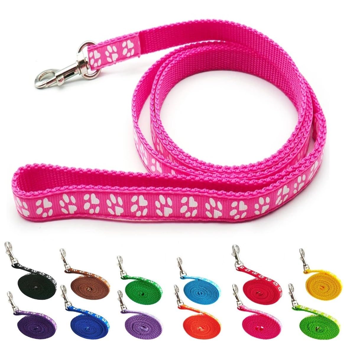 Small Dog Puppy Pet Cat Kitten Lead Pawprint Design Lightweight Nylon Metal Clip 120cm Leash Pink Magenta Rose — image 1