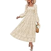 ZESICA Women's 2026 Spring Floral Midi Dress Long Sleeve Smocked Flowy Long Wedding Guest Vacation Dresses