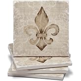 Thirstystone Fleur De Lis 4 Pack Tumbled Tile Stone Coasters | 4" Square, Protective Cork Backing, Manufactured in the USA, Absorbent