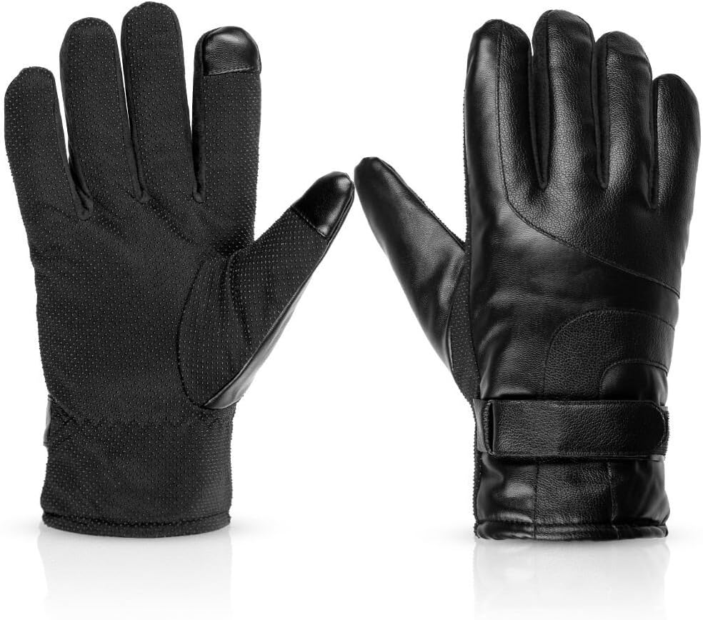 Thick Leather Winter Gloves Touch Screen Cold Weater Outdoor Hunting Anti-Slip Driving Waterproof -20¨H Ski Gloves For Men Black