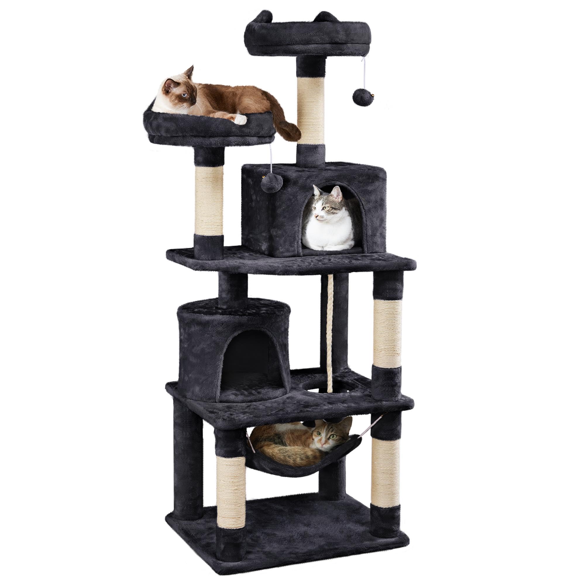 Yaheetech 62.5inches Cat Tree Cat Tower Cat Condo with Platform & Hammock, Scratching Posts for Kittens Pet Play House with Plush Perch for Indoor Activity Relaxing, Black Image