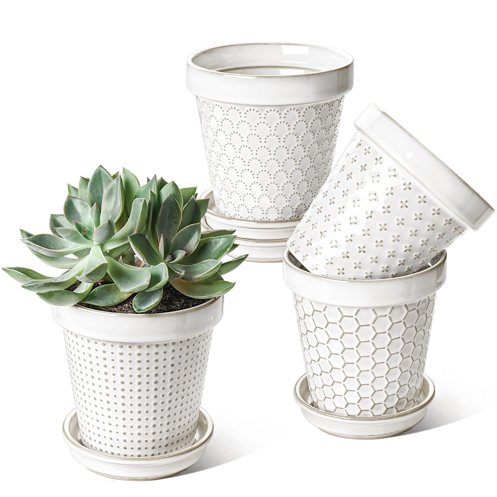 Photo 1 of LE TAUCI Ceramic Plant Pots, 4.9 Inch Flower Pots with Drainage Hole & Saucer, Embossed Planter Pots for Indoor Plant Succulent, Orchid, Cactus, Home Decor - Set of 4, Arctic White