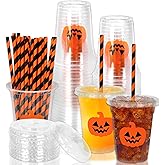 Whaline 50Pcs Halloween Disposable Plastic Cups with Lids and Straws Orange Spooky Pumpkin Face Cold Beverage Drinking Cups for Trick or Treat Birthday Party Supplies
