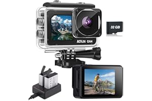 Nvgfelis Action Camera FHD 1080P 16MP with 32GB Memory Card - 131FT/40M Waterproof Dual Screen Sports Camera,2X Batteries & M
