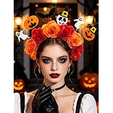 Abien Halloween Flower Headband Day of the Dead Headpeice for Women | Halloween Floral Headpiece with Pumpkin Ghost Bat Skull Decor Gothic Cosplay Costume Hair Accessories