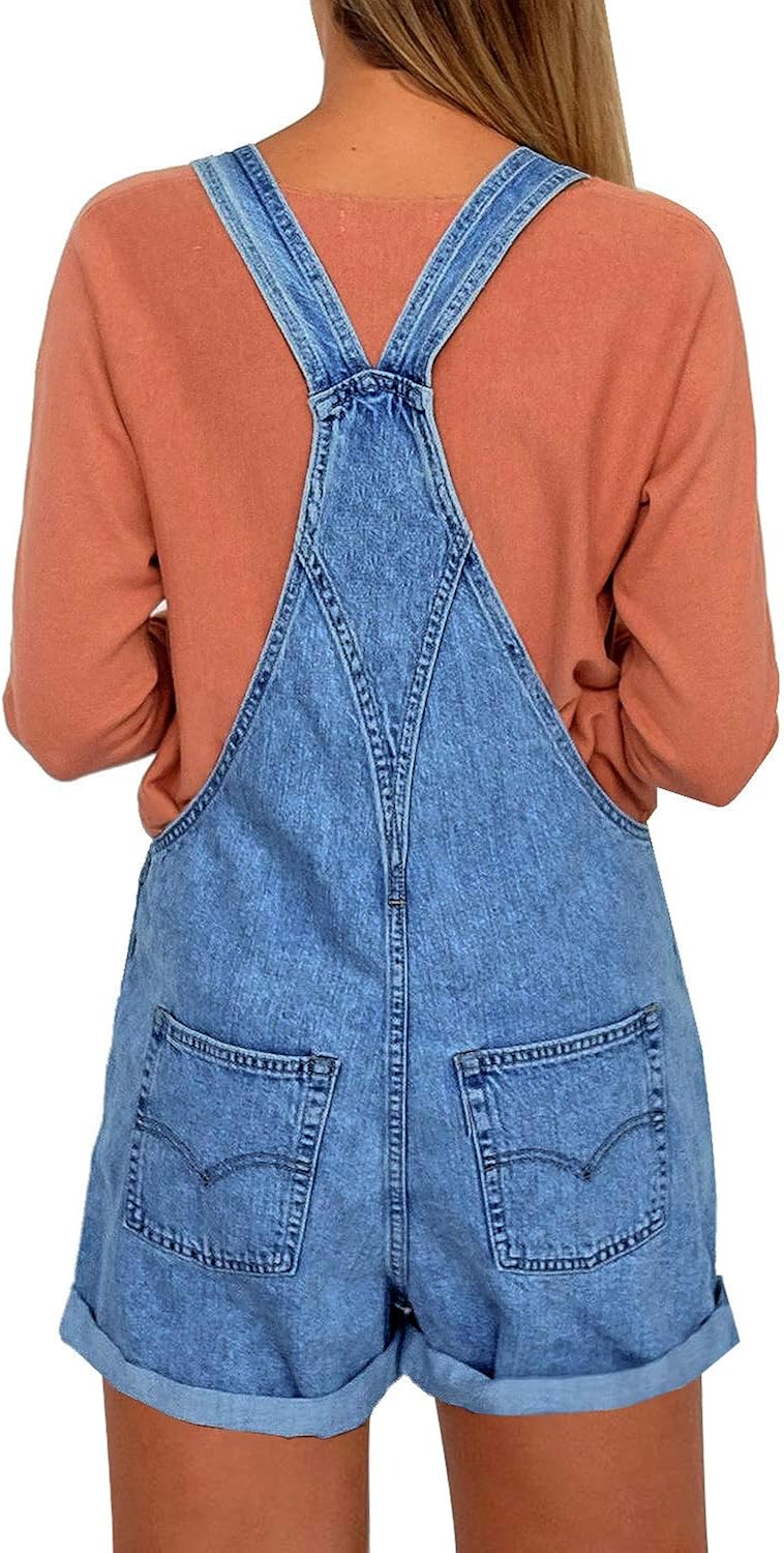 LookbookStore Womens Ripped Denim Bib Overall Shorts Raw Hem Shortall Jeans