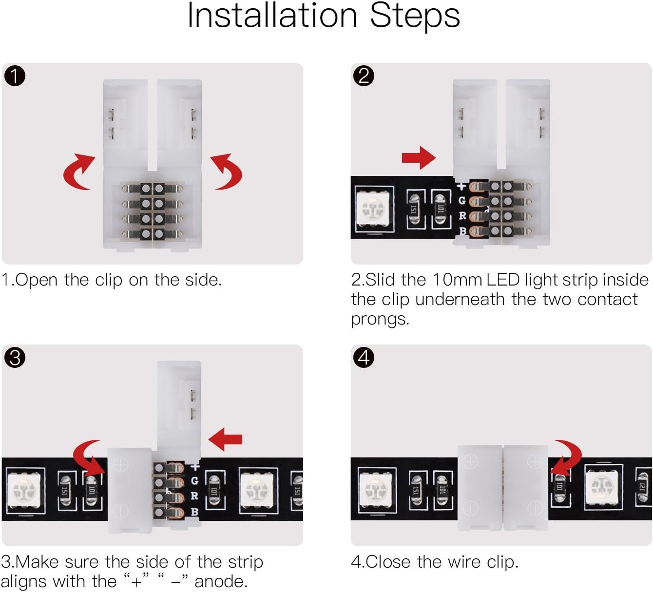 10 Pcs 4-Pin RGB LED Light Strip Connectors JACKYLED PBC 10mm Wide Gapless LED Tape Light Clips Solderless Adapter Connectors for SMD 5050 Multicolor LED Strips (White) - - 