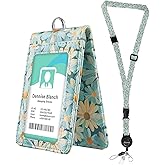 bolimoss Cute Leather Badges Holder with Double Sided Windows, Daisy Floral ID Name Badge Card Holder with Quick-Release Buckles & Adjustable Retractable Lanyards, Breakaway Neck Lanyards for Women