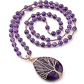 Top Plaza Healing Crystal Amethyst Necklace Natural Stone Beads Life Tree Wire Wrapped Teardrop Gemstone Pendant Jewelry for Women Mom
