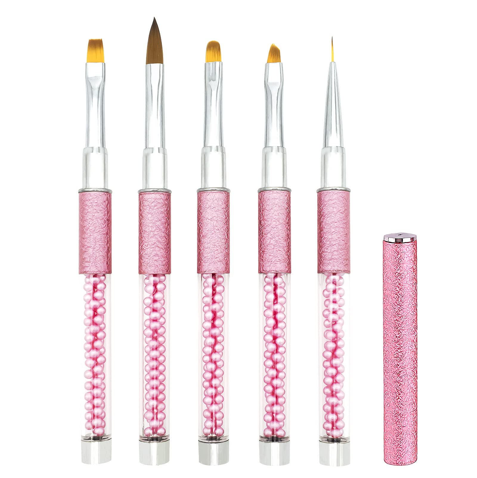 5PCS Nail Art Brushes Set for Gel Nail with Lid and Pearl Handle, LEA-SHALL Liner/Acrylic/Flat/Round/Angled UV Builder Nail Painting Pen Kit Fine Brush DIY Decoration Home Salon Design Rose Red — image 1