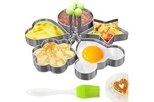 5 Pcs Egg Mold Set - Egg Ring Circle, Heart, Flower, Star & Mouse Shape - Stainless Steel Pancake Molds With Folding Silicone