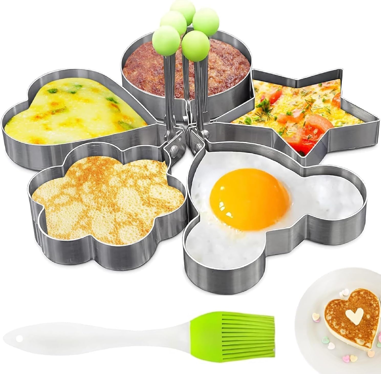 Photo 1 of 5 Pcs Pancake Molds for Griddle – Stainless Steel Heart Shaped Pancake Mold Set with Ring, Star, Cloud & Mouse Fun Shapes – Fried Egg Molds for Omelettes, Cookie Cutting & Easter Breakfast Preparation