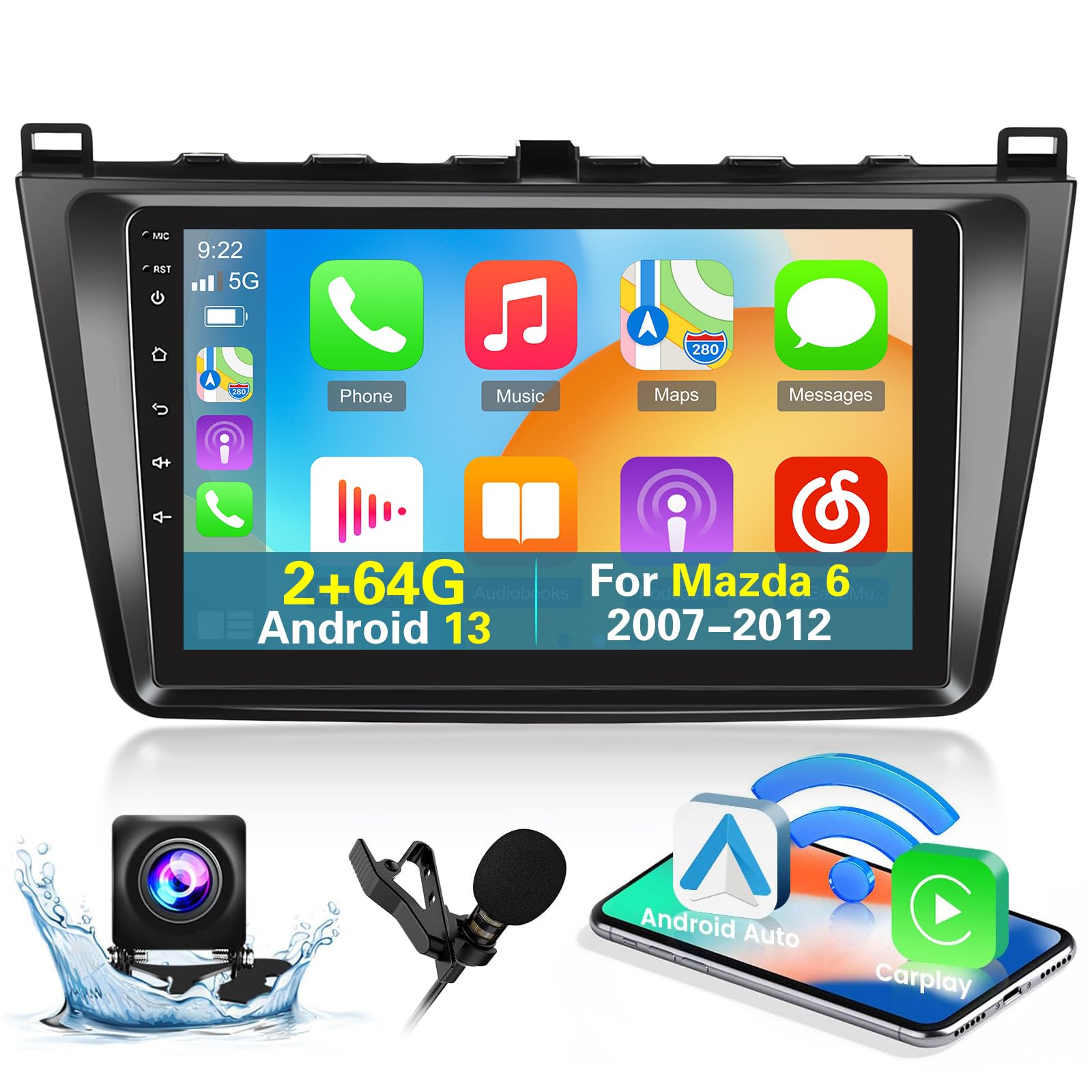 Photo 1 of [2+64G] Android 13 Car Radio for Mazda 6 2007-2012 with Wireless Carplay and Android Auto - 9 Inch Touch Screen Car Stereo - Multiple UI Themes/GPS/WiFi/SWC + AHD Backup Camera