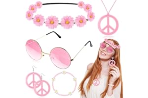Batiyeer 6 Pcs Hippie Costume Accessories Set, Boho Peace Sign Daisy Flower 60s 70s Party Favors Decor for Groovy Party Women(Pink)
