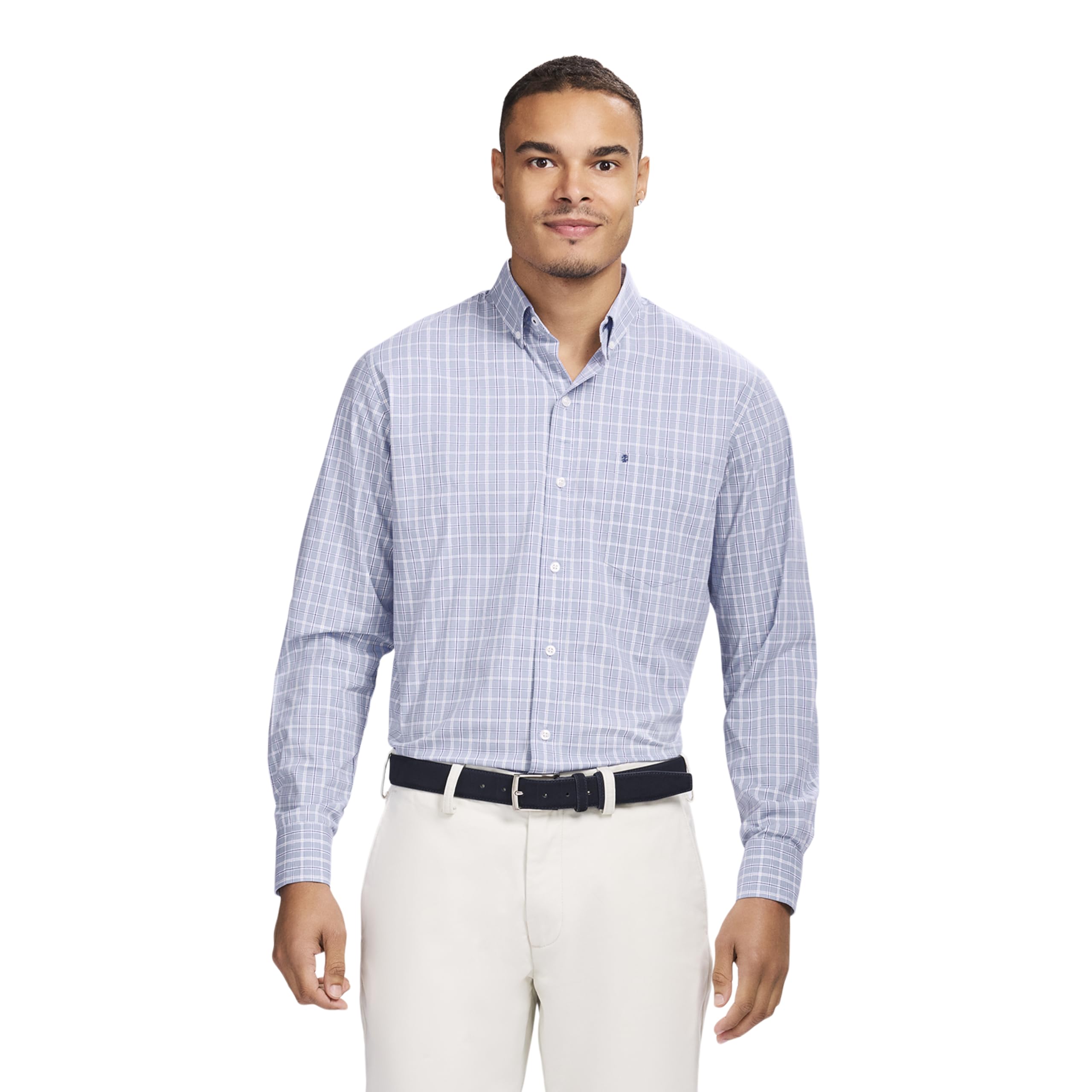Izod Men's Performance Comfort Long Sleeve Plaid Button Down, Chambray Blue, Small Image