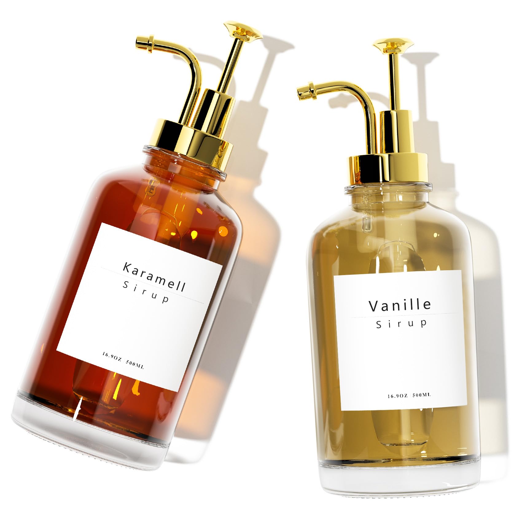 BOLLFO Coffee Syrup Dispenser Set, 2x Glass Bottles with 2 Pumps, 32 Labels, 1 Funnel (500 ml, 16 oz, 2 pcs)