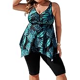 Hanna Nikole Women Plus Size Tankini Swimsuit 2 Piece Bathing Suits with Pockets Flowy Rash Guard Swimwear with Capris Shorts