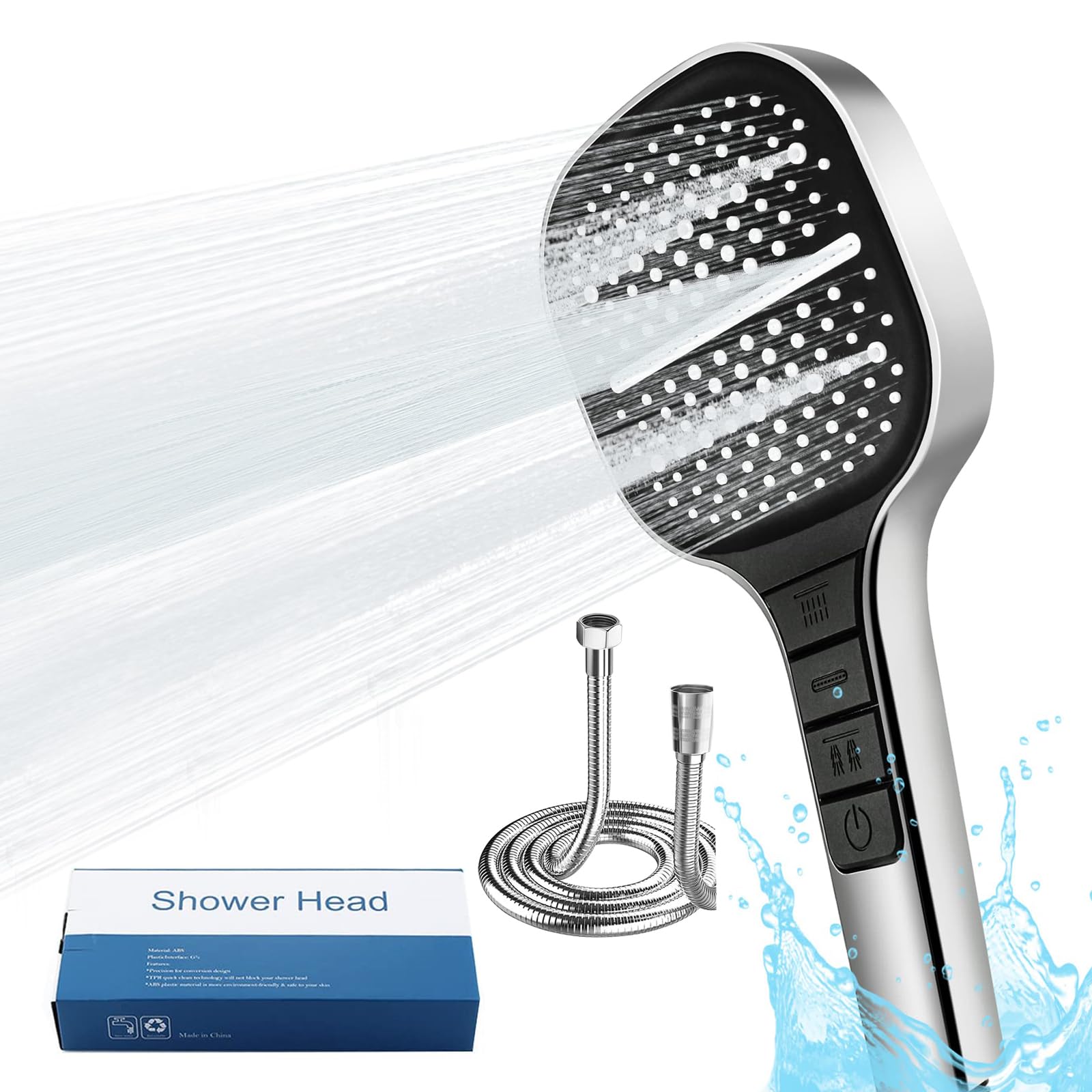 Aeici Shower Head High Pressure, Rainfall Shower Head and Hose Set 1.5M 8-Mode Big Shower Head Handheld Silicone