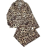 BEAUDRM Women's 2 Piece Leopard Print Satin Pajama Set Cheetah Button Down Long Sleeve Top and Pants Sleepwear