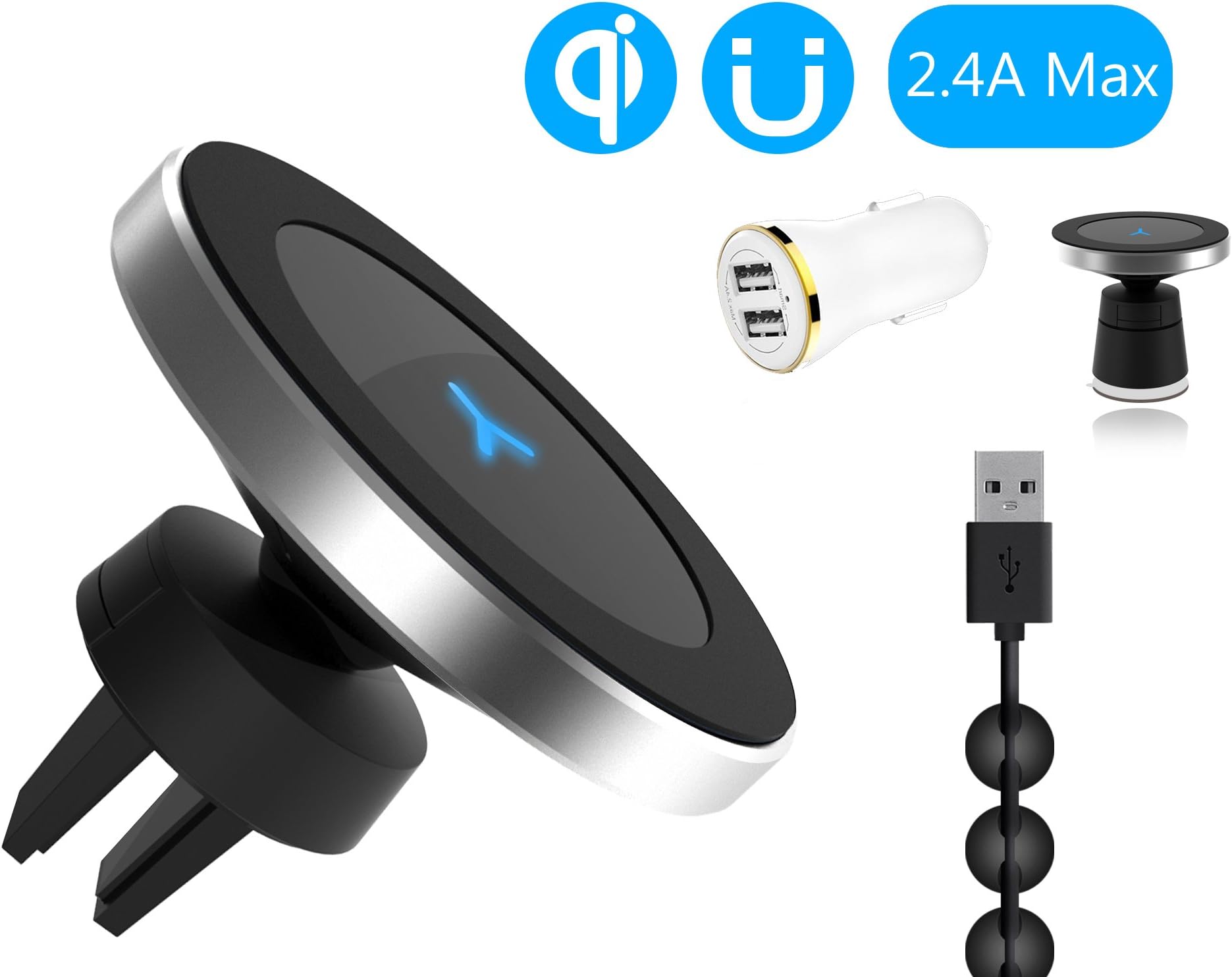Wannap W5 Qi Wireless Magnetic Car Charger + Universal Car Charger for Samsung Galaxy, Galaxy S8 Edge S7 S6 LG G6 and More
