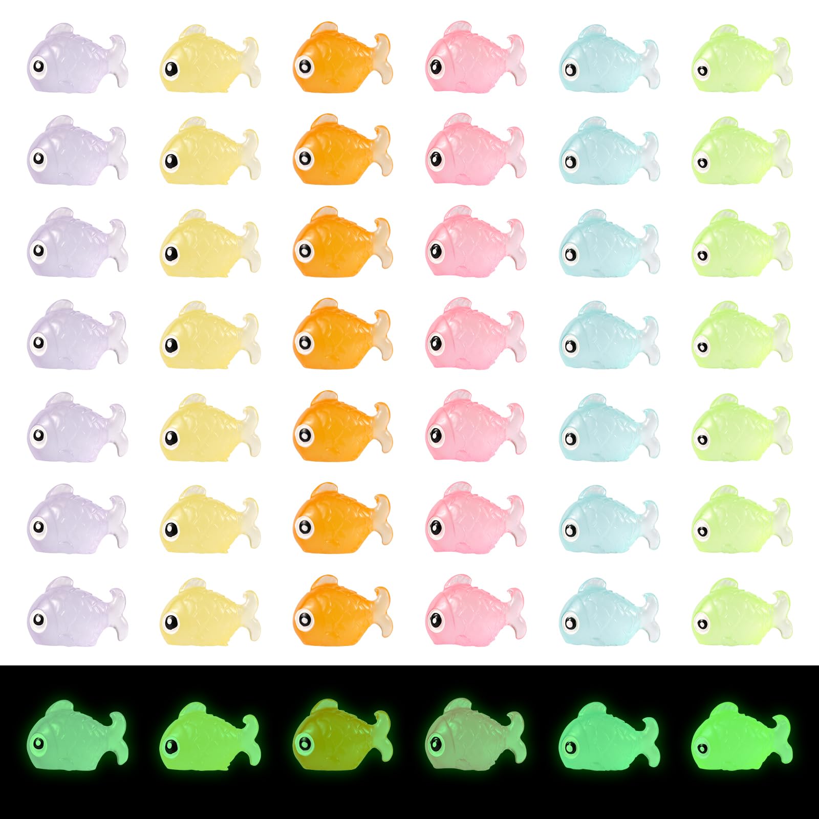 NQEUEPN 48pcs Mini Resin Animals, 6 Colors Mini Glow Fish Statue Tiny Resin Marine Animal Ornaments Cute Mini Garden Decor for DIY Crafts Miniature Landscape Dollhouse Decoration