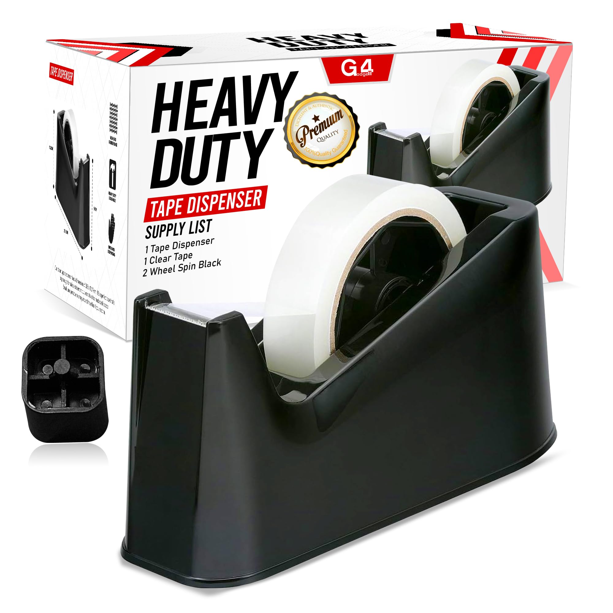 G4GADGET Heavy Duty Tape Dispenser - Manual, Black, Desktop Adhesive Distributor - Uniform Cutting - One Hand Dispensing
