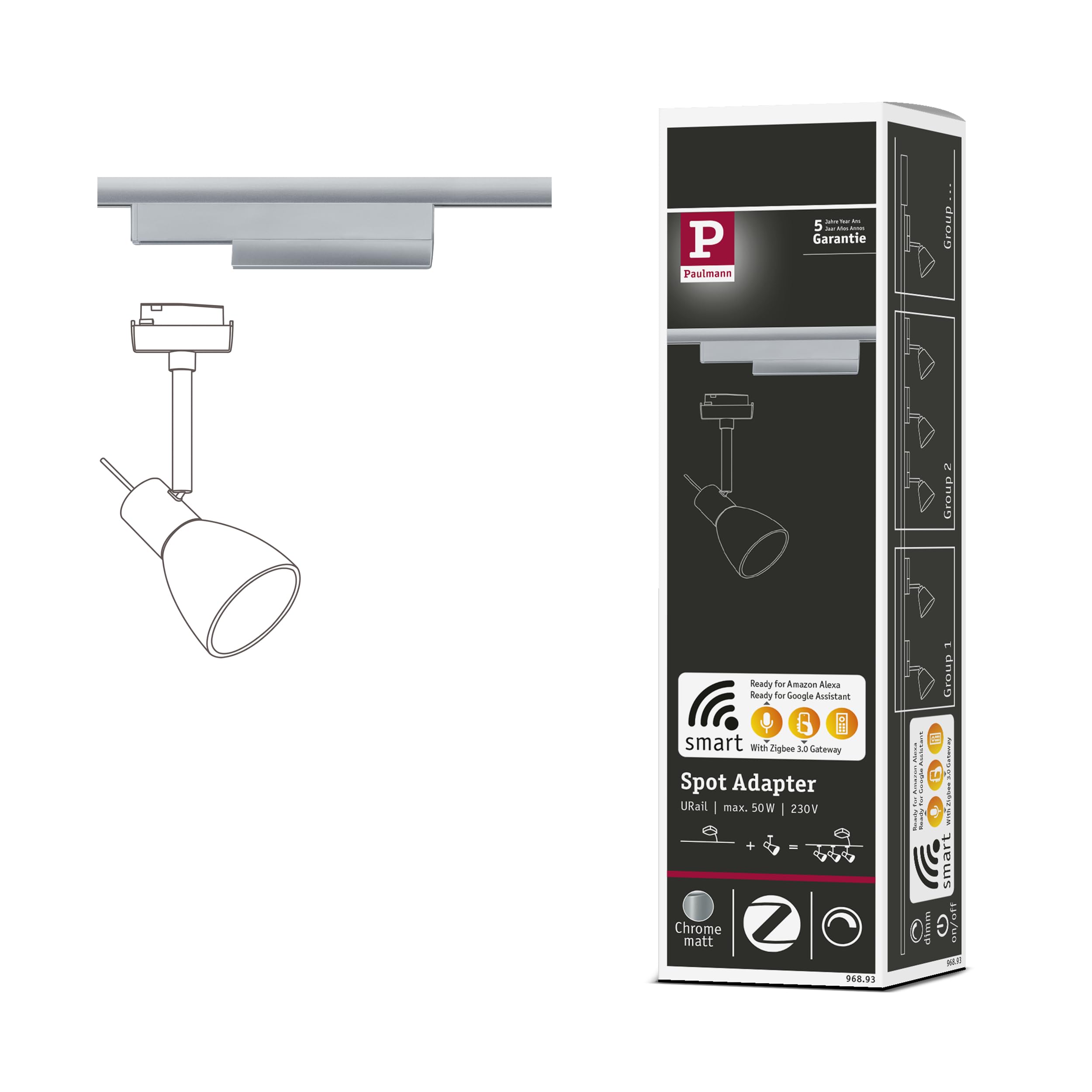 Paulmann 96893 Smart Home Zigbee 3.0 On/Off/Dimm URail Rail Adapter 166x20mm Chrome matt Rail System