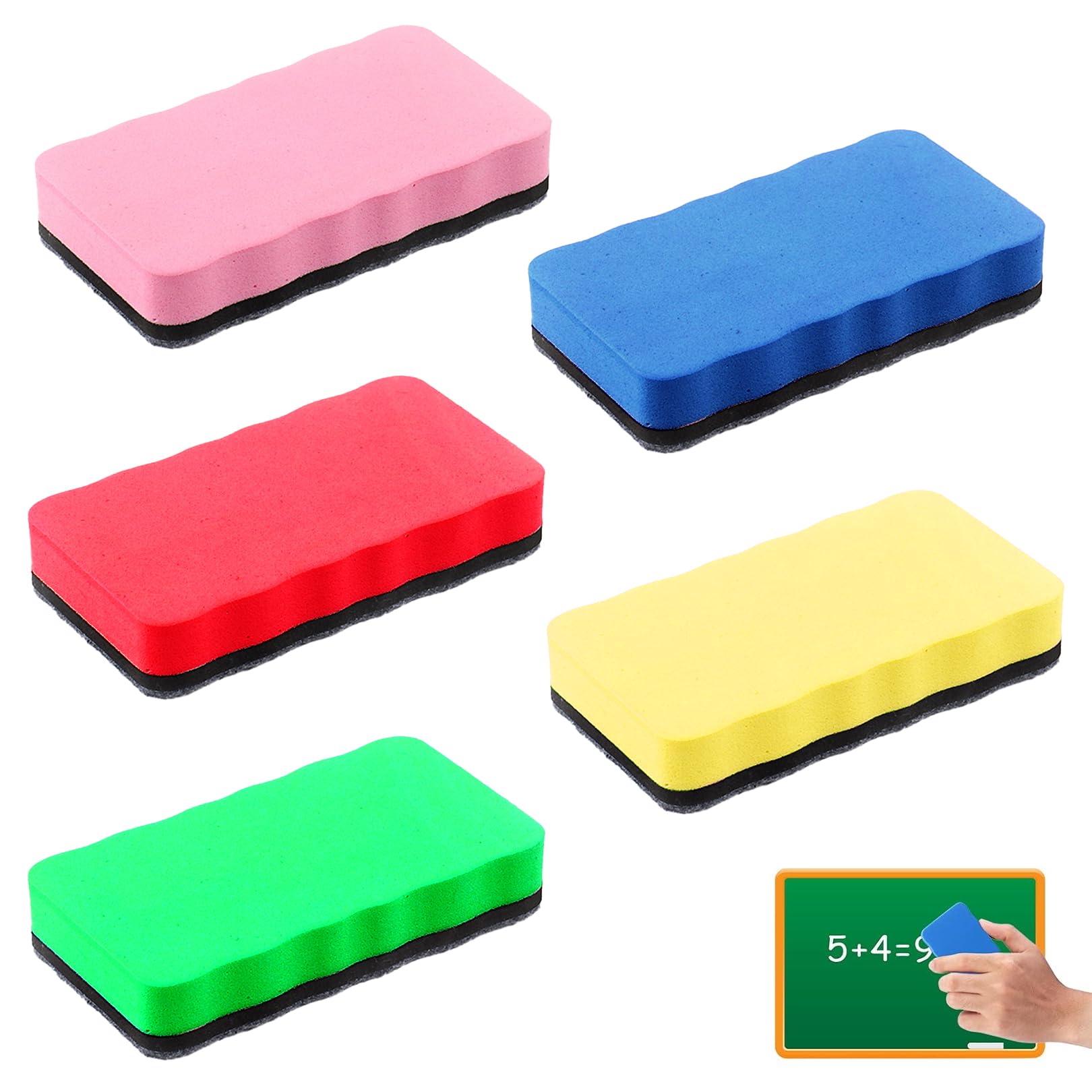 5 Pcs Magnetic Whiteboard Eraser,Multi Colored Whiteboard Eraser Magnetic,White Board Eraser with EVA Felt Pad,Wave Handle Dry Wipe Eraser,for Classroom Home Office White Board(10 x 5.5 x 2cm)