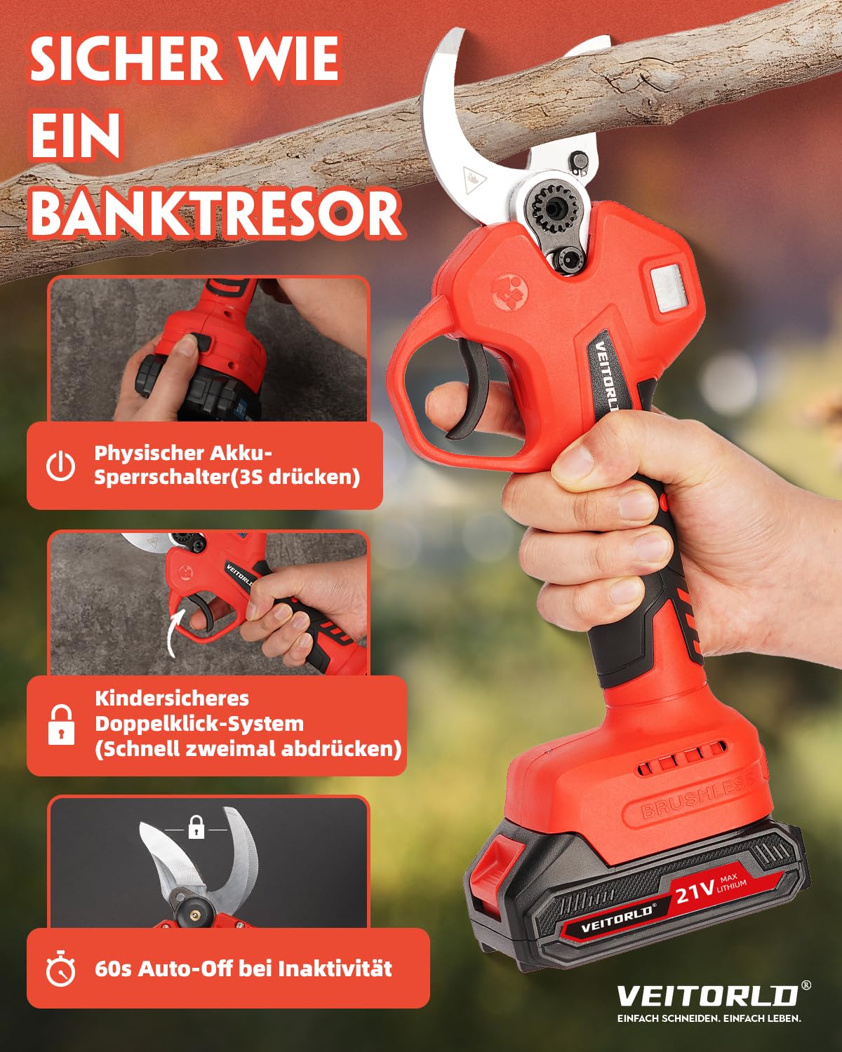 Veitorld Akku Astschere, 40MM Gartenschere mit 2 Akku 2000mAh, Bürstenloser Motor Baumschere, Kabellose Elektrisch Garten Schere mit LED-Schnittzählerm, Muttertag Geschenk für Mama Frauen 5