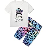 Girls Summer Outfits Cute Graphic Crewneck Short Sleeve T Shirts and Biker Shorts Set Colorful Athletic Outfit 4-12T