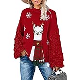 Sovoyontee Women's Cute Funny Ugly Christmas Sweater Puff Sleeve Snowflake Reindeer Holiday Oversized Knit Pullover