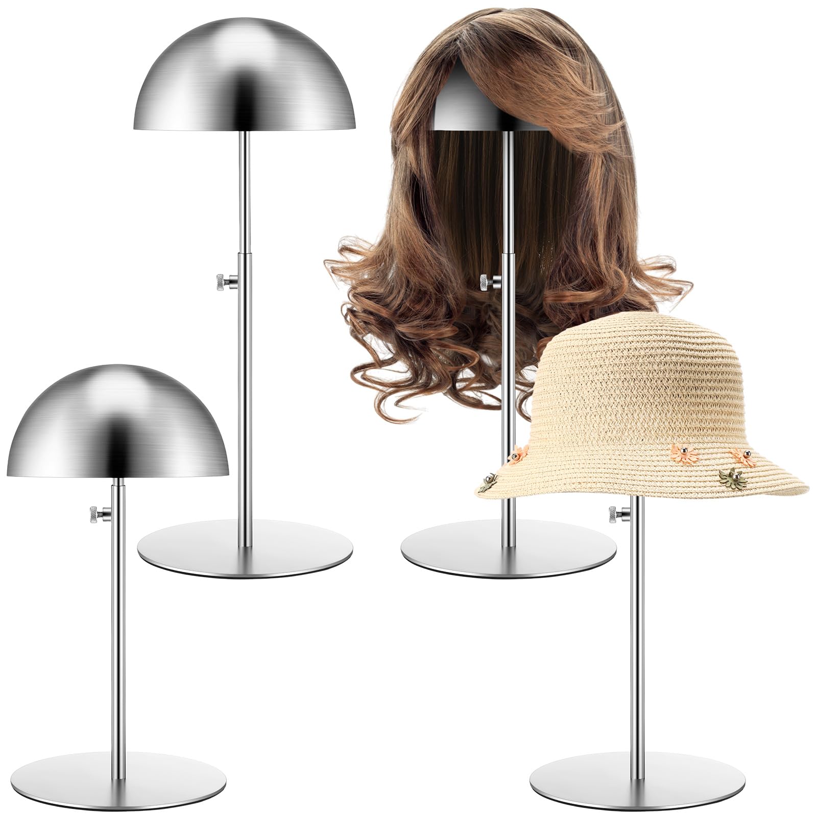 Photo 1 of Sintuff 4 Pcs Hat Display Stand 7.9-15.7inch Adjustable Wigs Head Holder Stand Anti Rust Non Slip Stable Stainless Steel Metal Rack for Hat Storage Wig Styling Practice(Silver,Round Base)