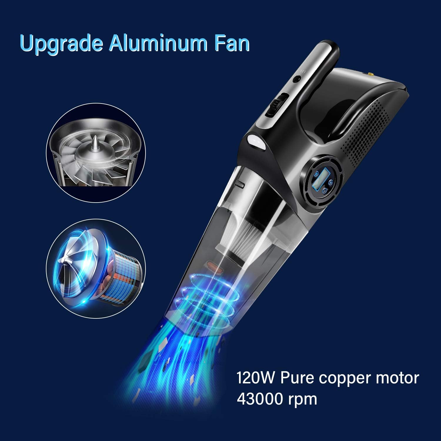 Qukpa 4 in 1Portable Car Vacuum Cleaner Air Compressor Tire Inflator with Digital Tire Pressure Gauge LCD Display DC12V High Power 6000PA Handheld Car Vacuum with LED Light for Wet and Dry Use: Automotive