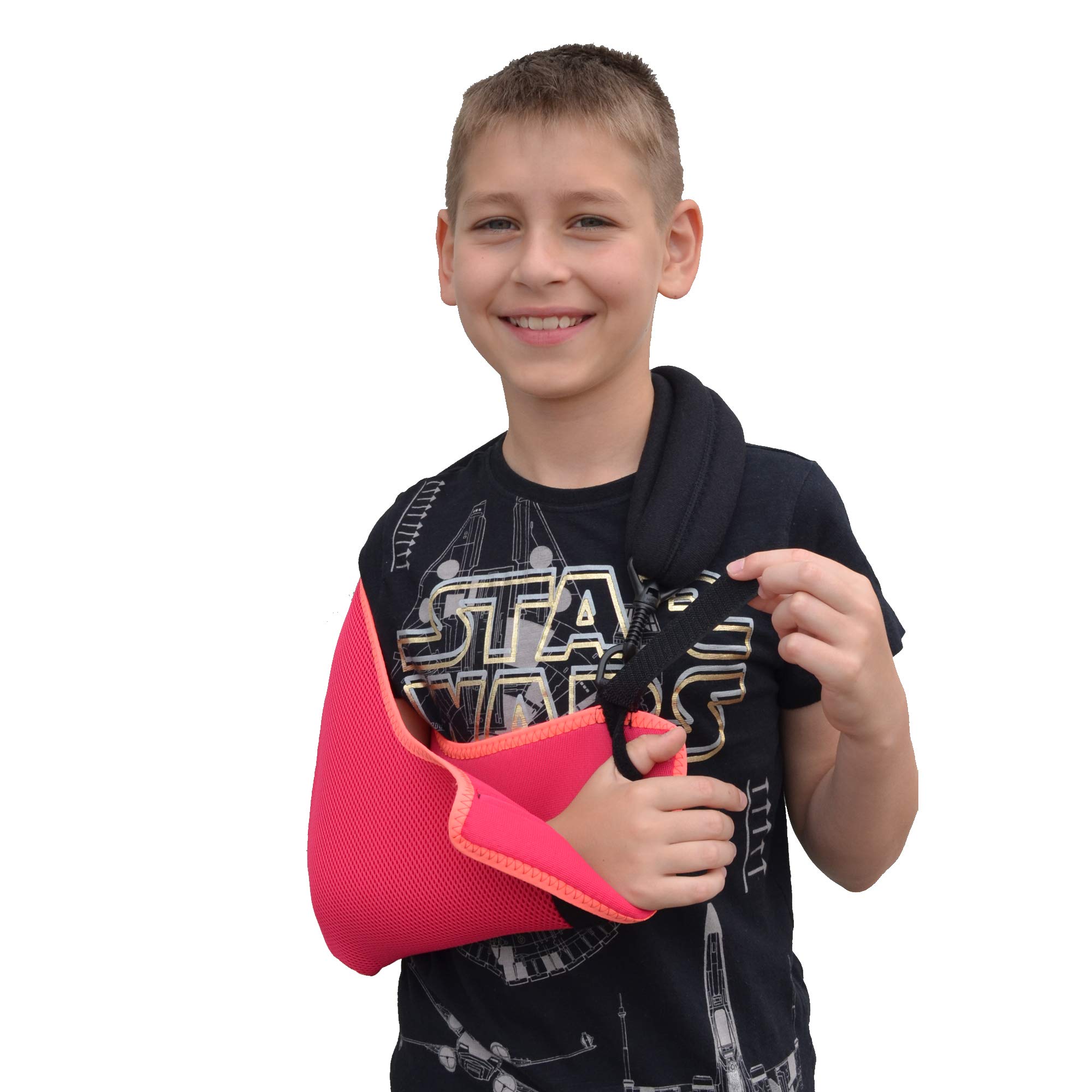 4DflexiSPORT Arm Sling Child, Easy to Fit, Cooling Fabric Technology, Includes Happy Healing Sticker. 12-13yr Rasp/Coral Trim