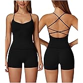 PQBPQB Women 2 Piece Workout Sets Padded Criss Cross Back Crop Tank Tops Tummy Control Biker Shorts Yoga Outfits with Pocket